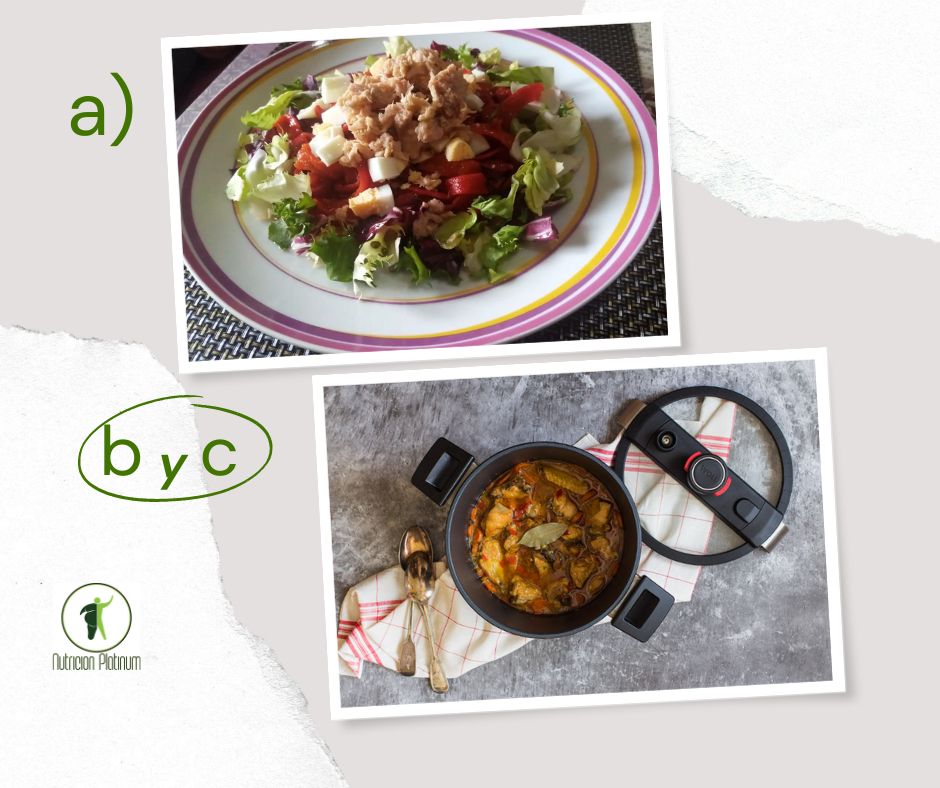 Ensalada de pimientos asados atún y huevo con pollo guisado en olla rapida